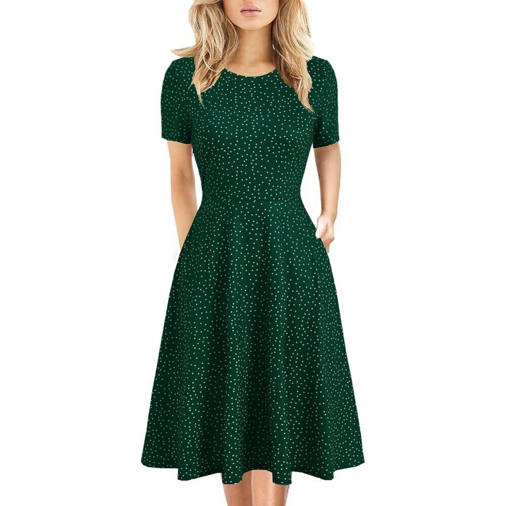 Women's Green Dot Elegant Knee Length Vintage A-Line Swing Dress with Pockets